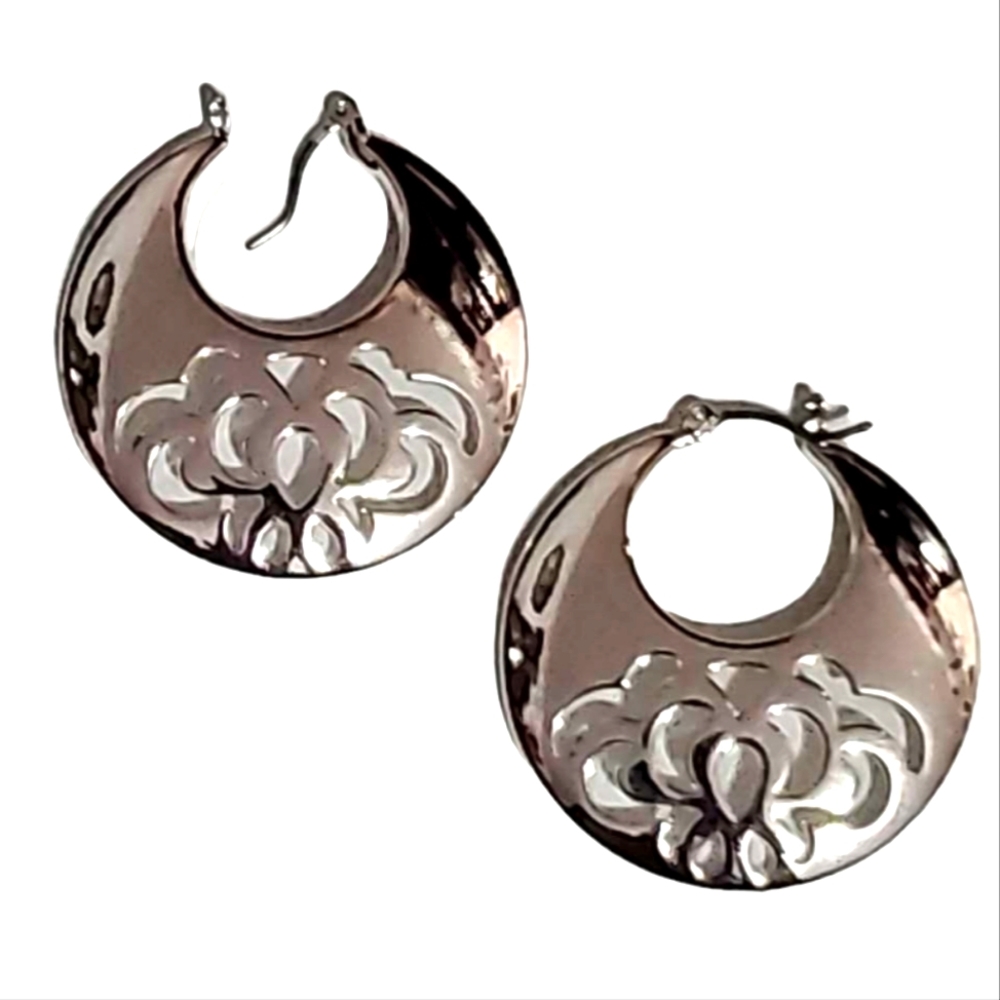 Silver-Tone Lacey Round Hoop-Style Pierced Earrings